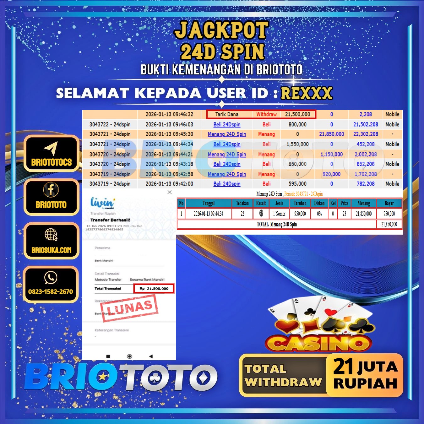 BRIOTOTO JACKPOT LIVE GAME 24D SPIN RP.21.000.000,- LUNAS USER ID : RE***