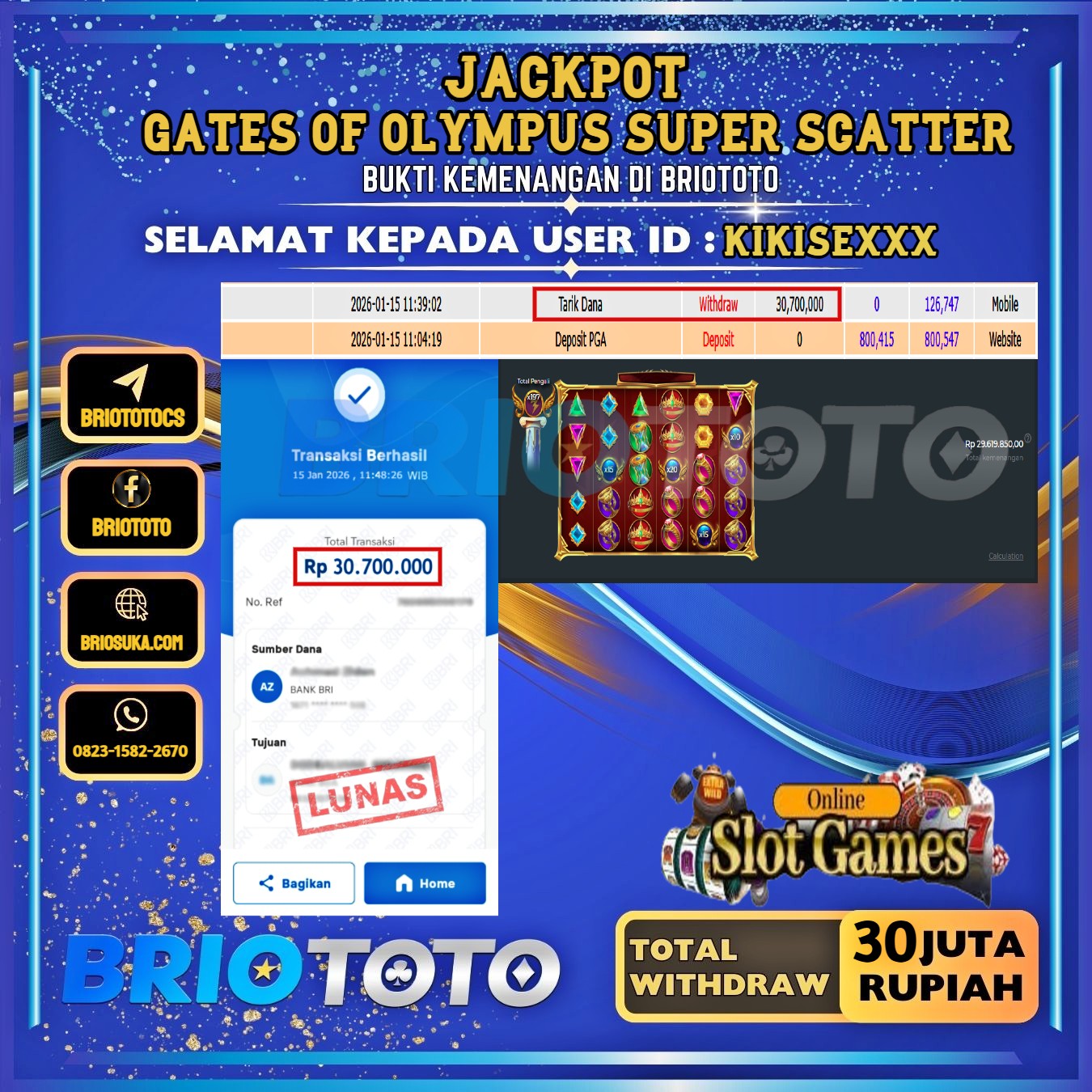BRIOTOTO JACKPOT SLOT GATES OF OLYMPUS SUPER SCATTER RP.30.000.000,- LUNAS USER ID : KIKISE****