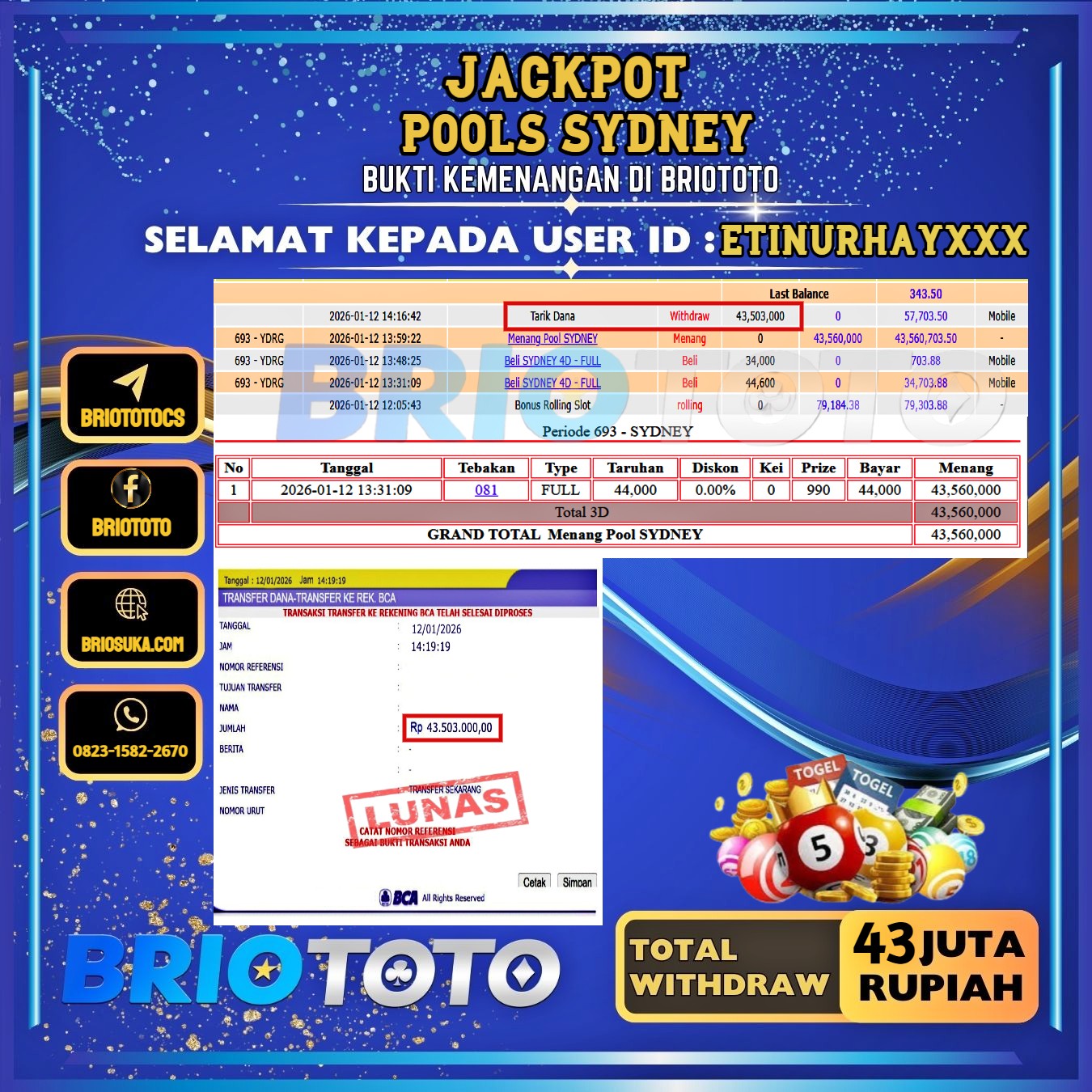 BRIOTOTO JACKPOT TOGEL SYDNEY RP.43.000.000,- LUNAS USER ID : ETINURHAY***