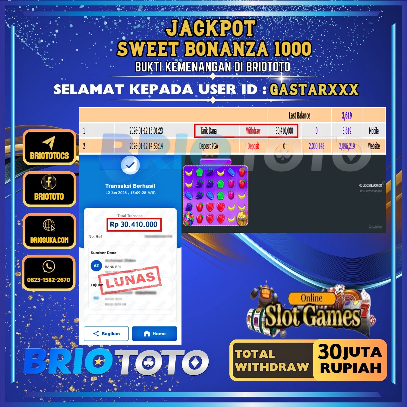 BRIOTOTO JACKPOT SLOT SWEET BONANZA 1000 RP.30.000.000,- LUNAS USER ID : GASTAR***