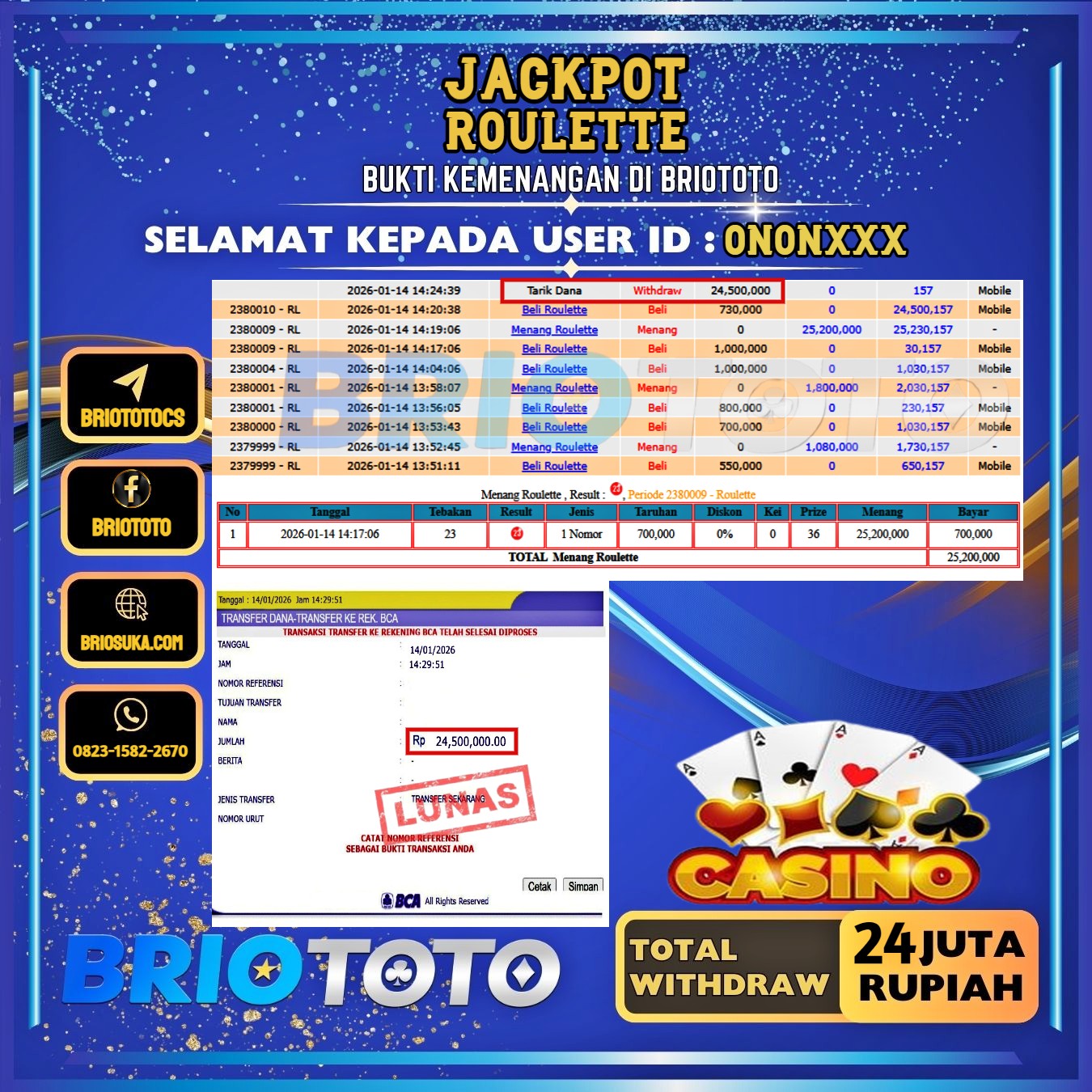 BRIOTOTO JACKPOT LIVE GAME ROULETTE RP.24.000.000,- LUNAS USER ID : ONON****